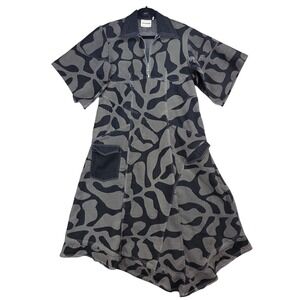 LOVEBIRDS Denim Abstract Print Zip Front Lagenlook Asymmetric Maxi Dress XXL